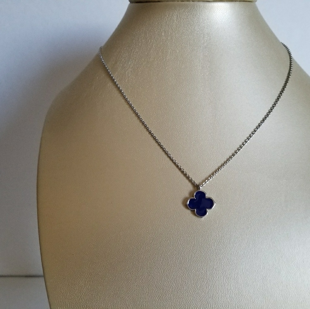 Clover Nacklace.  16" long, Blue  Four Leaf Clover,silver Color